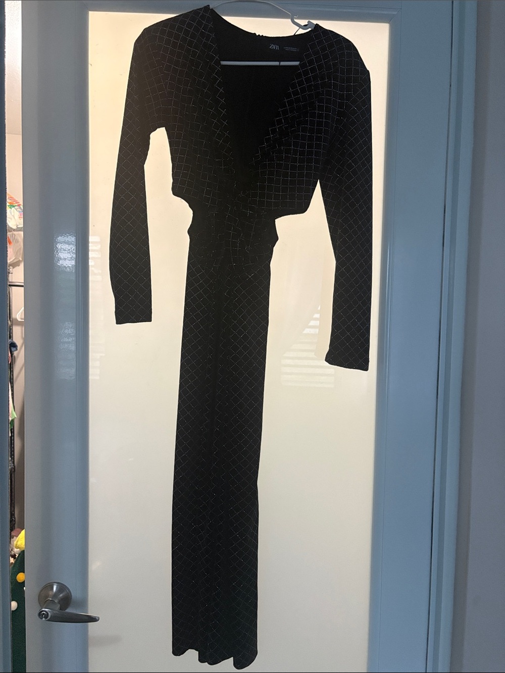 Zara Black Long-Sleeve Wrap Maxi Dress with Subtle Grid Pattern